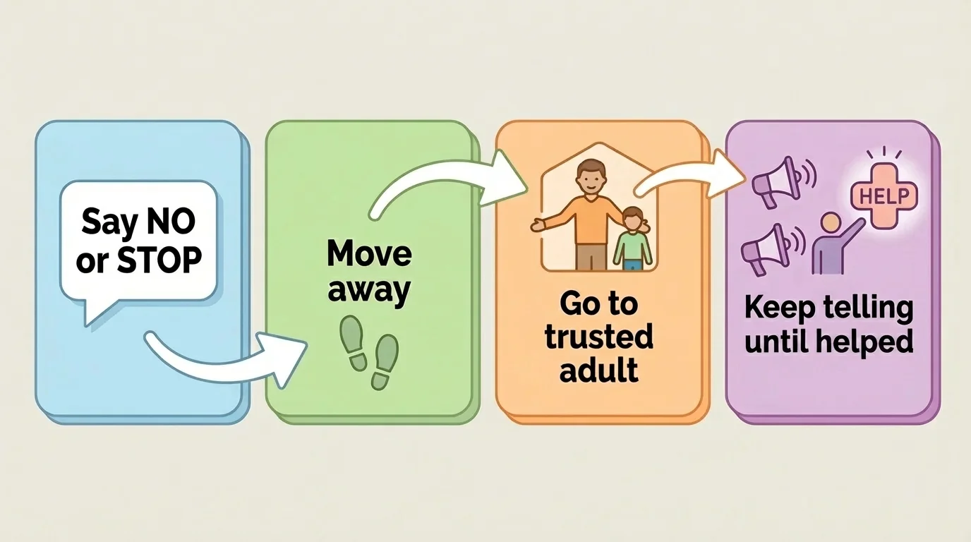 Simple child safety flowchart with boxes reading say no or stop, move away, go to trusted adult, keep telling until helped