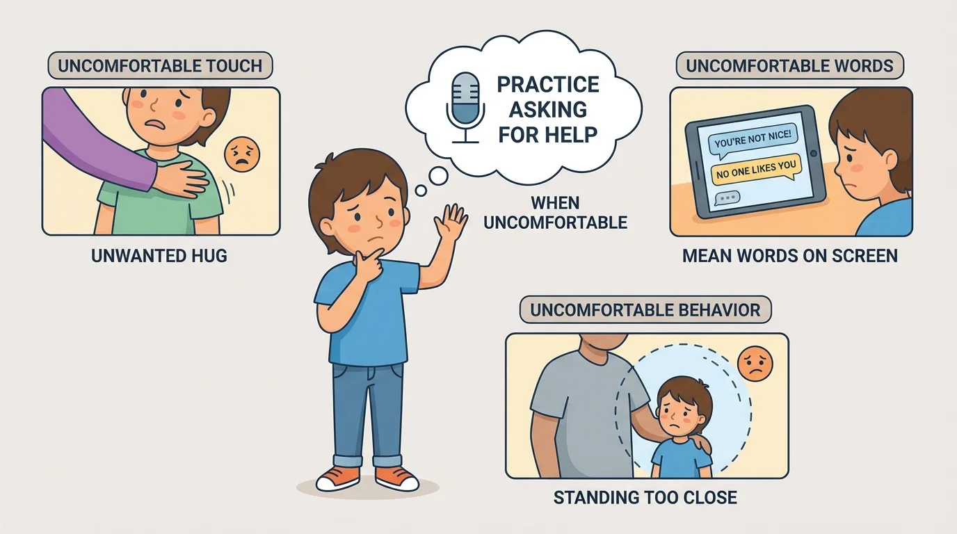 A young child with three small scenes showing unwanted hug, mean words on a tablet screen, and someone standing too close, with simple facial expressions showing discomfort