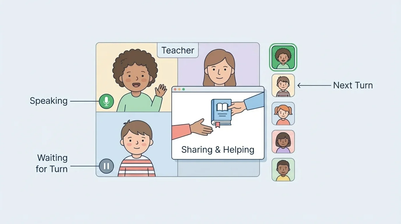 Preschool children on a tablet video call, one child speaking and another waiting for a turn, simple turn-taking cues