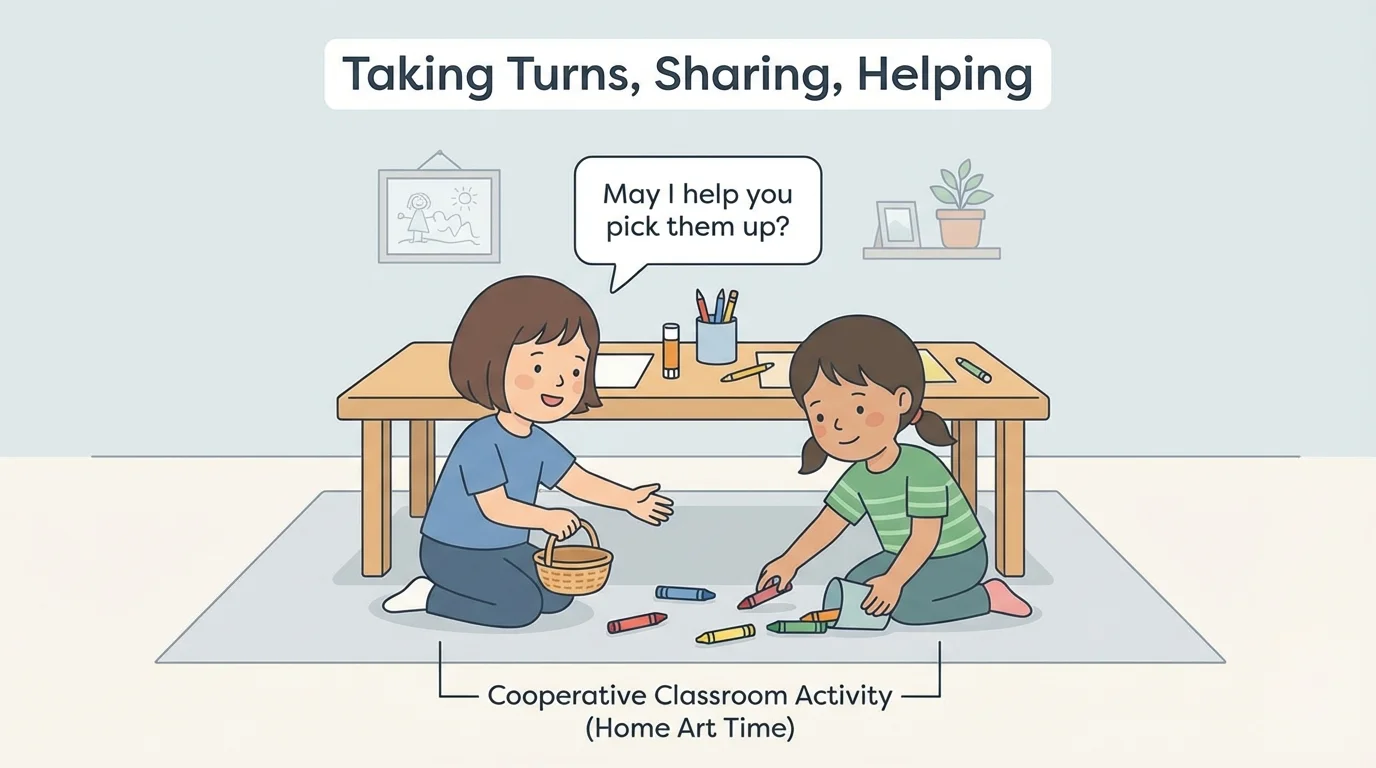 Two young children during home art time, one child gently helping pick up crayons and asking to help