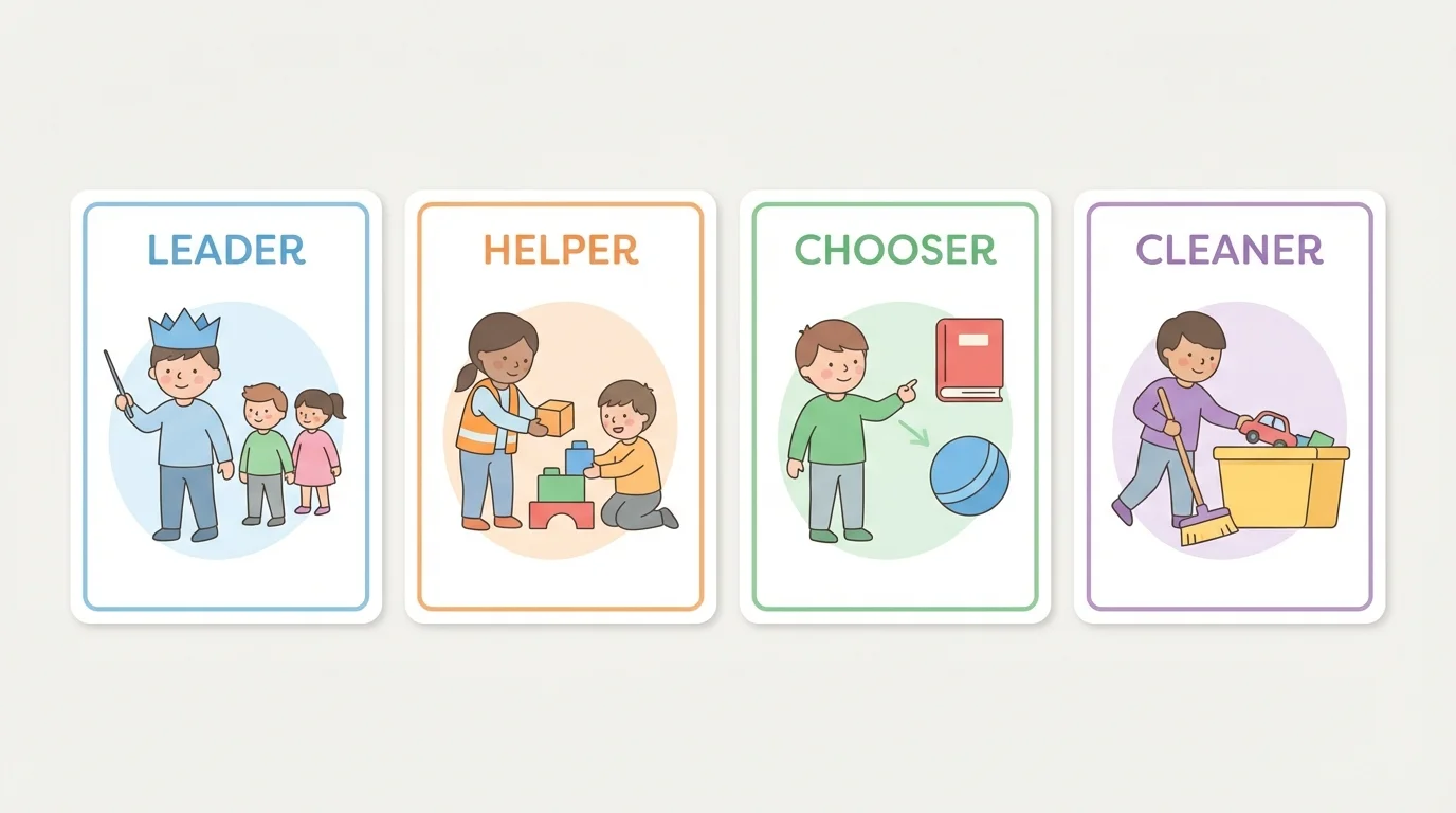 Four preschool role cards labeled leader, helper, chooser, cleaner with matching child-friendly pictures