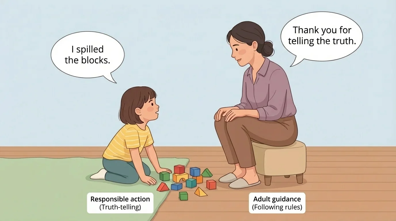 Child near spilled blocks, looking at caregiver and saying the truth, caregiver calm and listening