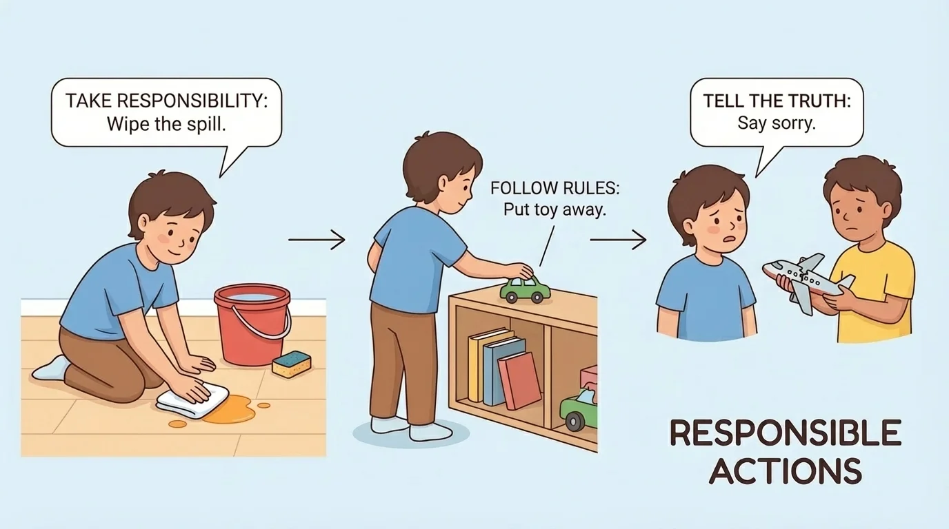 Child wiping a small spill, placing toy back on shelf, and saying sorry to another child