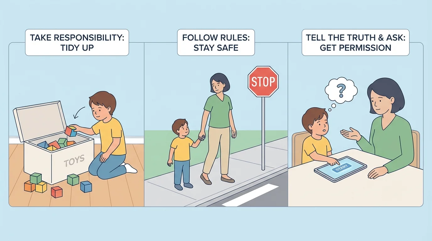 Split scene with child putting toys in bin, holding adult hand near street, and asking before touching tablet button