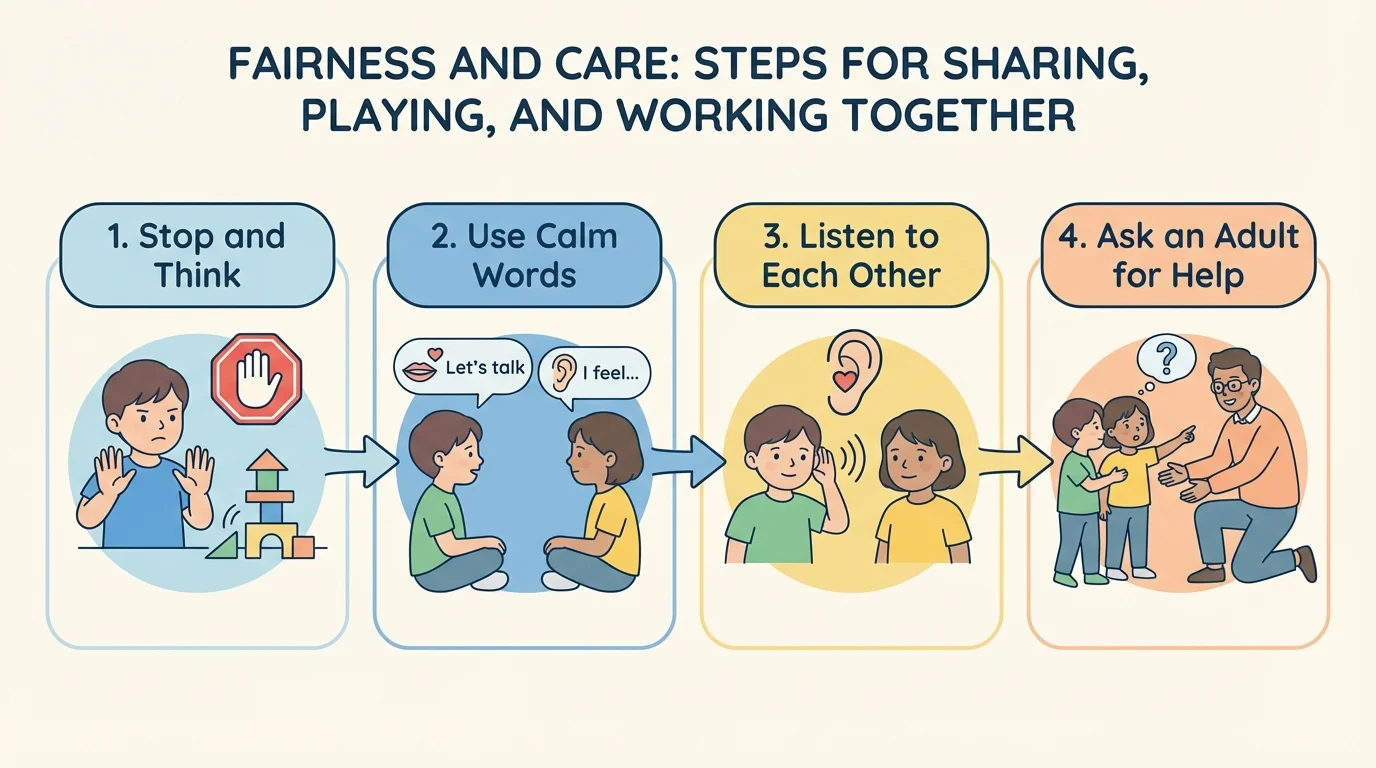 four-step flowchart with child stopping, using words, listening, and asking an adult for help