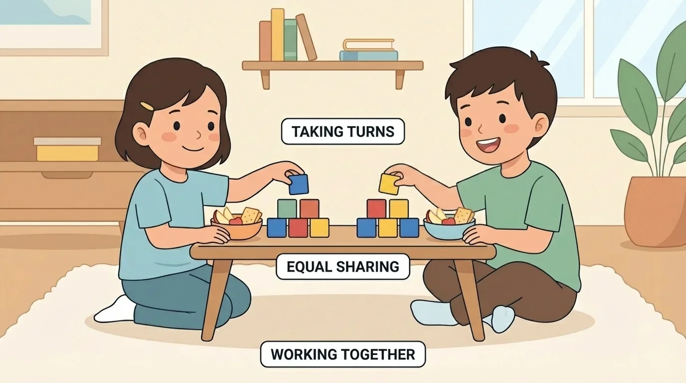 two young children at home dividing blocks and snack pieces into equal small groups, smiling and taking turns