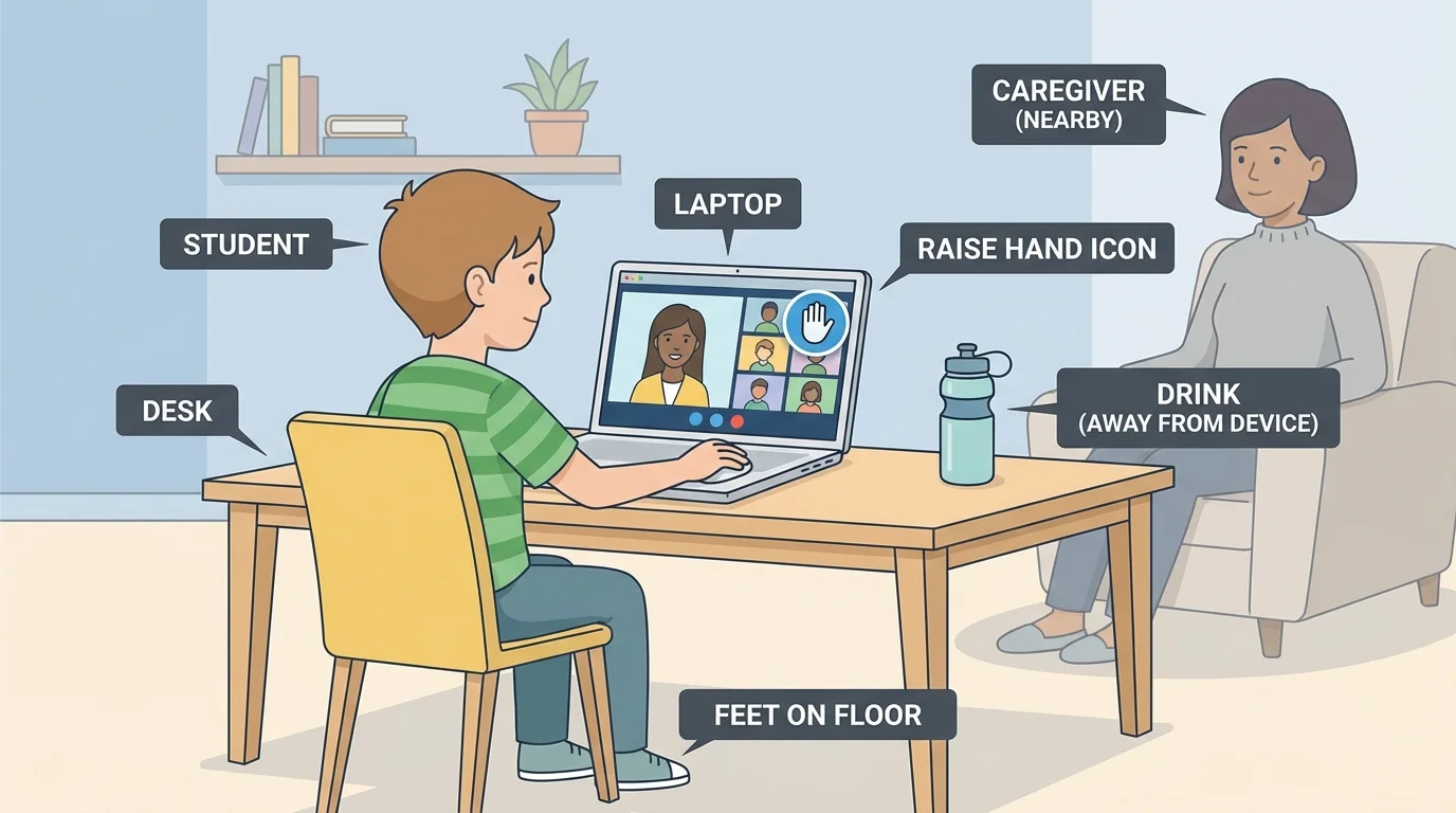 child in a home online-learning space sitting safely at a desk, feet on floor, drink away from laptop, using raise-hand on screen, caregiver nearby