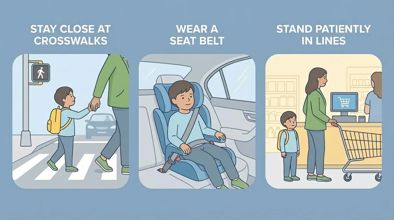 child holding an adult hand at a crosswalk, wearing a seat belt in a car, and standing calmly with a caregiver in a store line