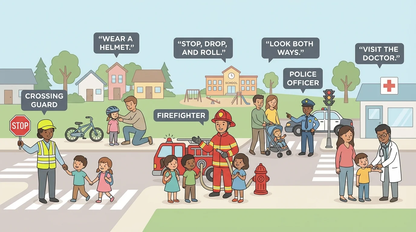 preschool-friendly scene with a parent, doctor, firefighter, crossing guard, and police officer helping children and families in a neighborhood