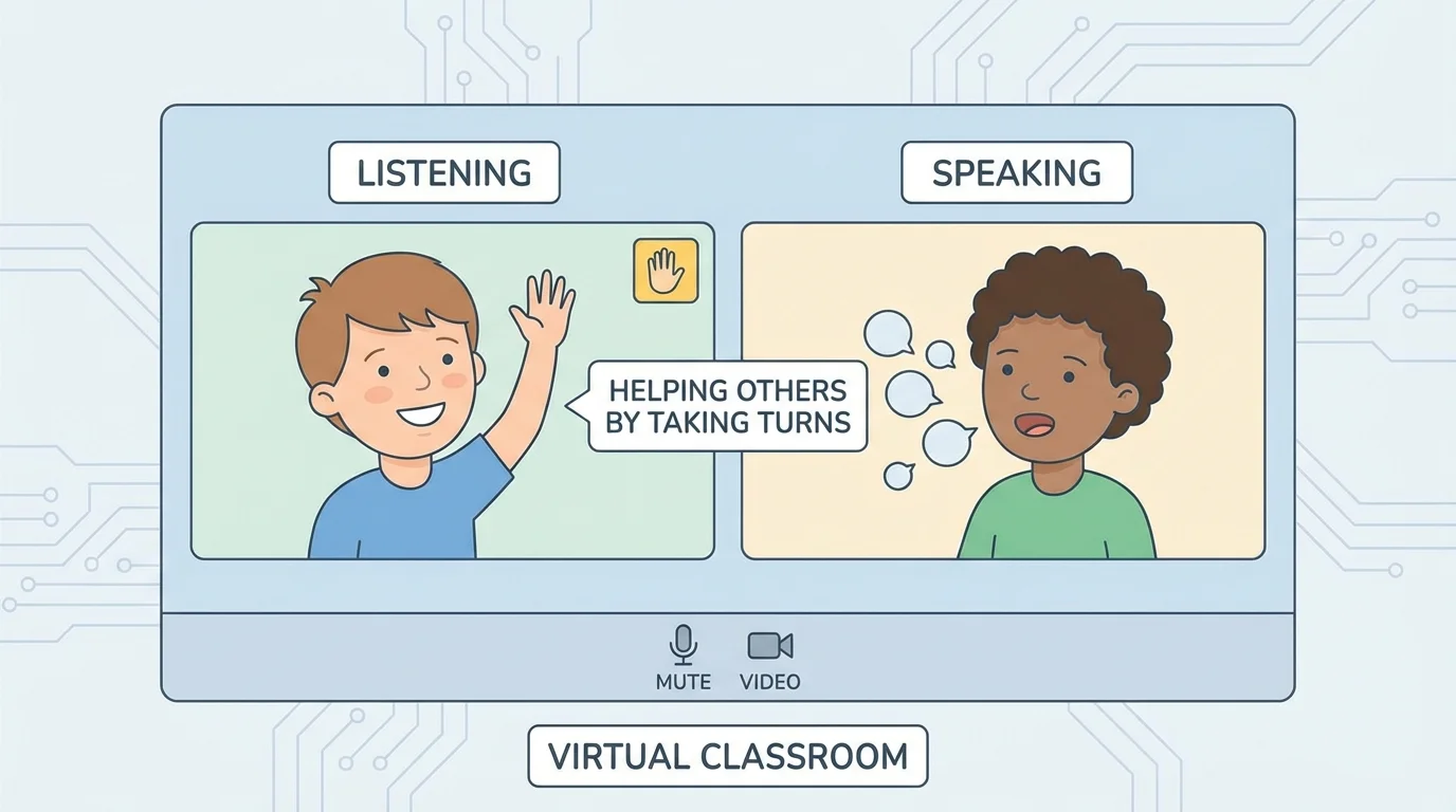 Child on a video call raising hand, smiling, and listening while another child speaks