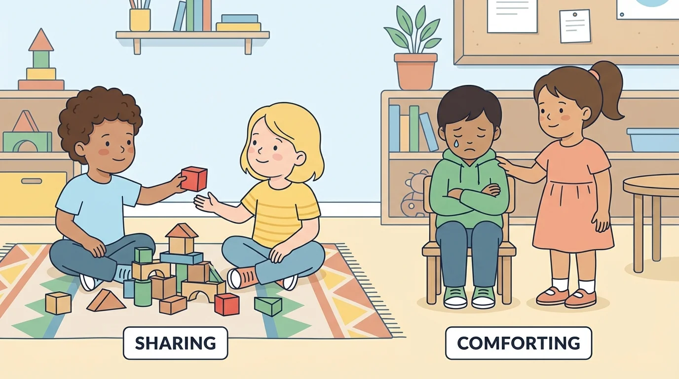 Two young children playing with blocks, one sharing toys and one patting a sad child kindly