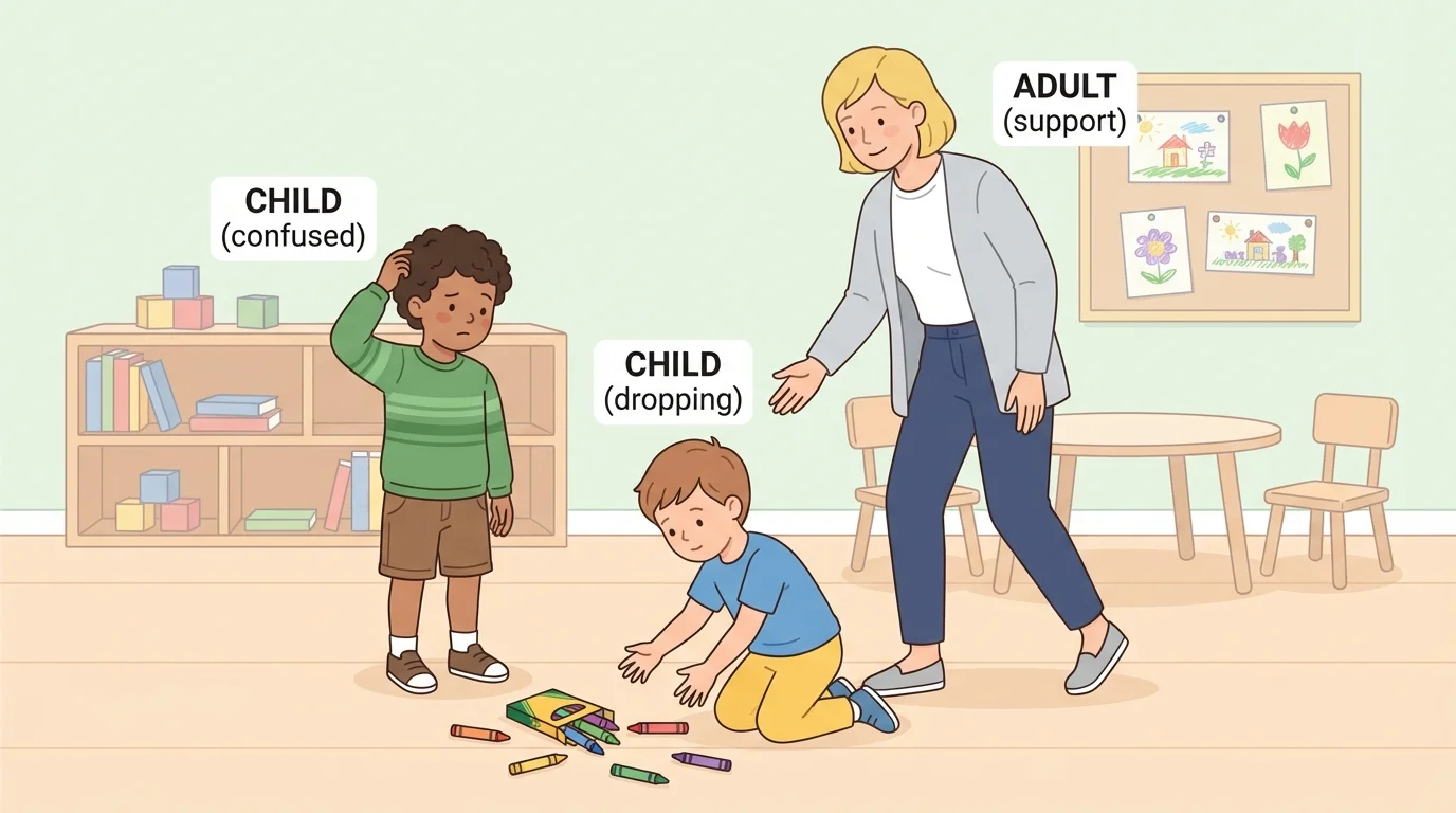 Simple scene with a child dropping crayons, another looking confused, and an adult nearby for support