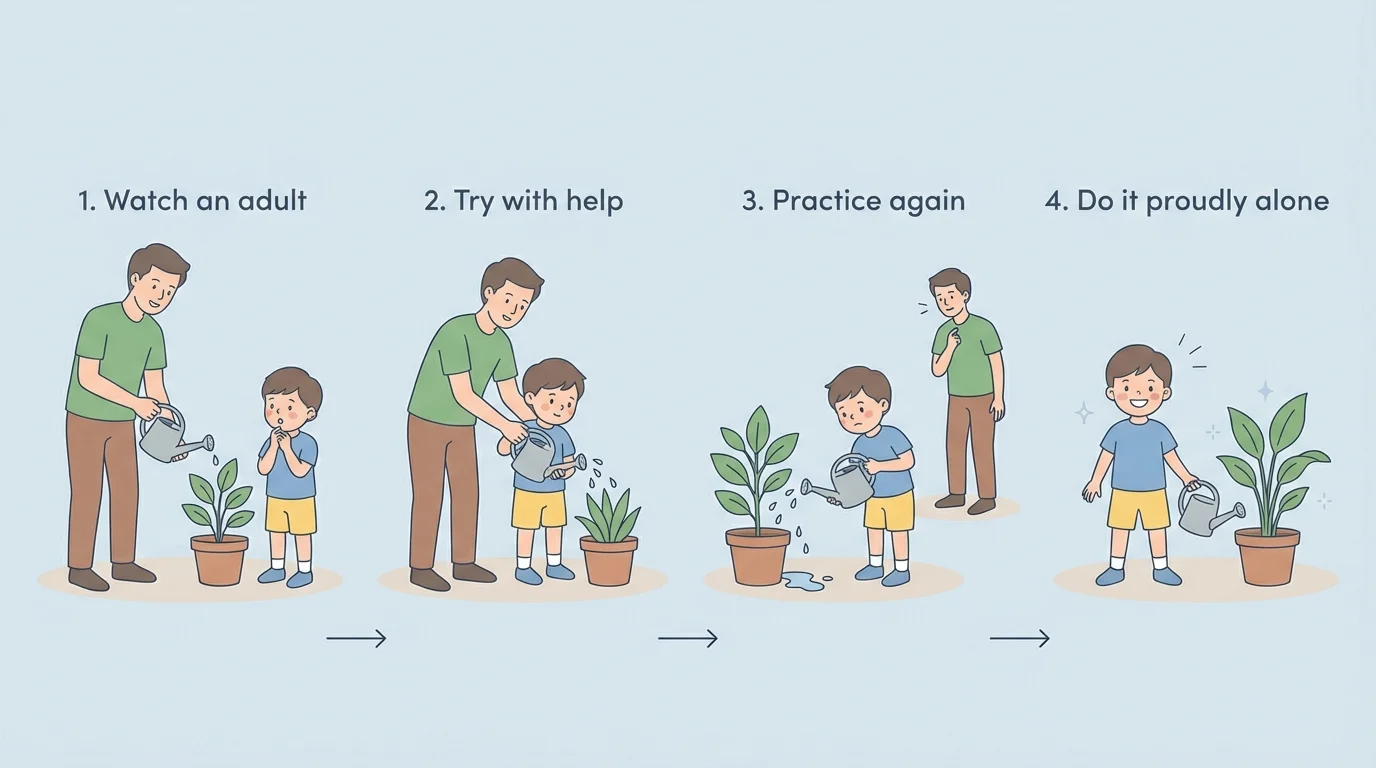 four-step sequence with a young child learning a new job: watch an adult, try with help, practice again, do it proudly alone