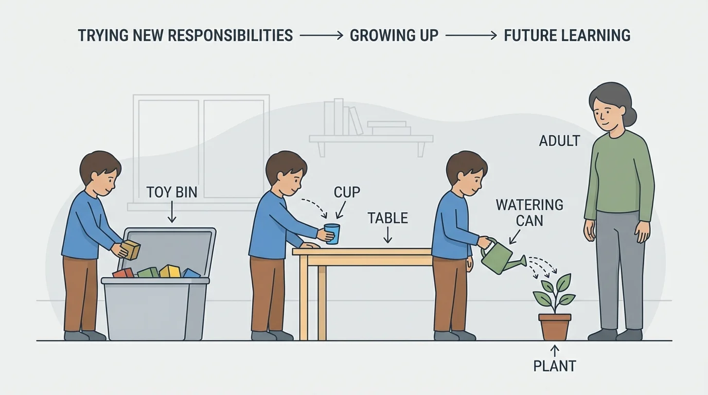 child putting toys in a bin, placing a cup on a table, and watering a small plant with an adult nearby