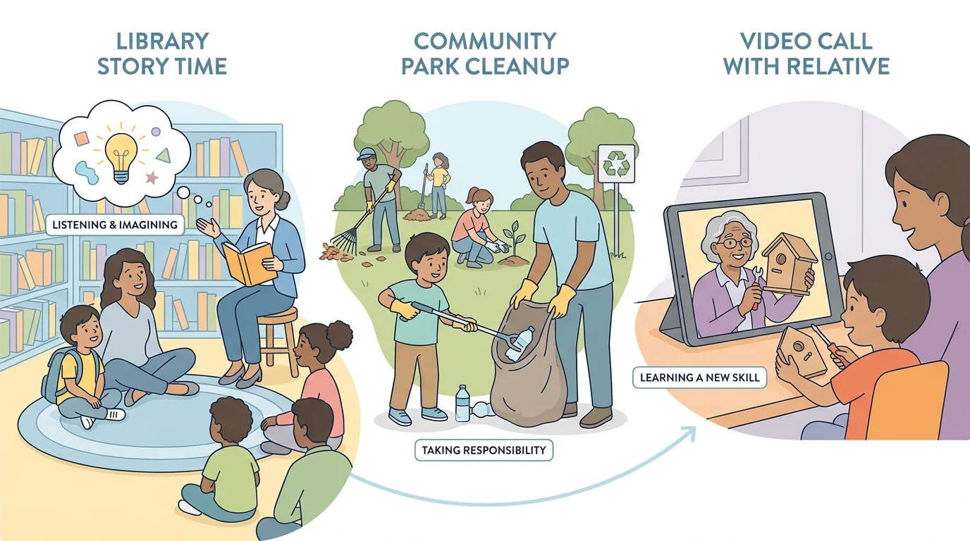 child with family in community settings including library story time, small park cleanup, and a video call with a relative teaching a simple skill