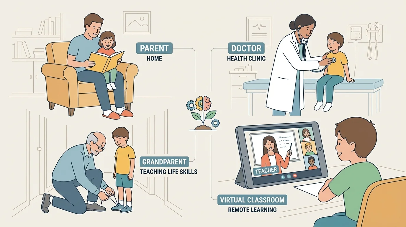 child at home with parent reading, grandparent tying shoes, doctor checking health, and teacher on a tablet screen during video class