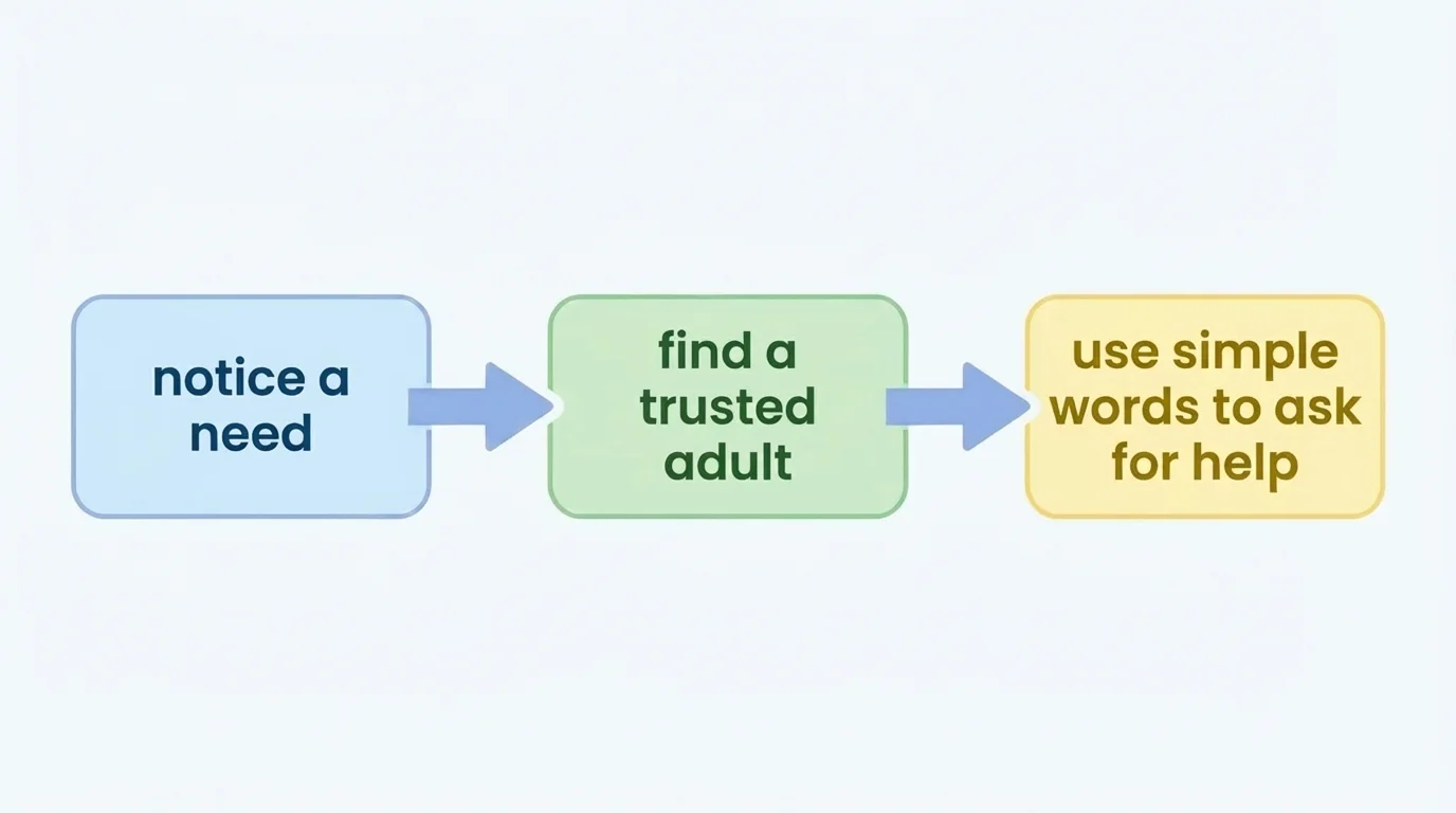 flowchart with three boxes labeled notice a need, find a trusted adult, use simple words to ask for help