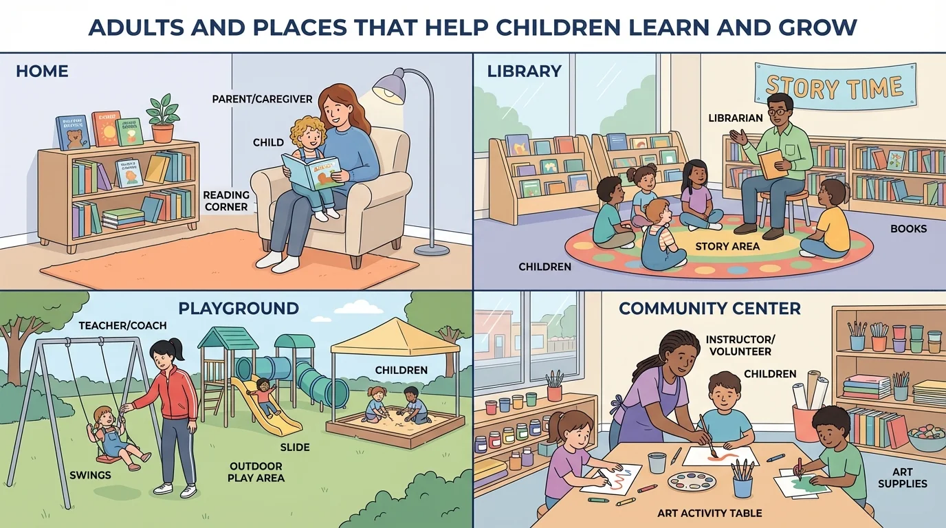 split-scene illustration of home reading corner, library story area, playground, and community center art table