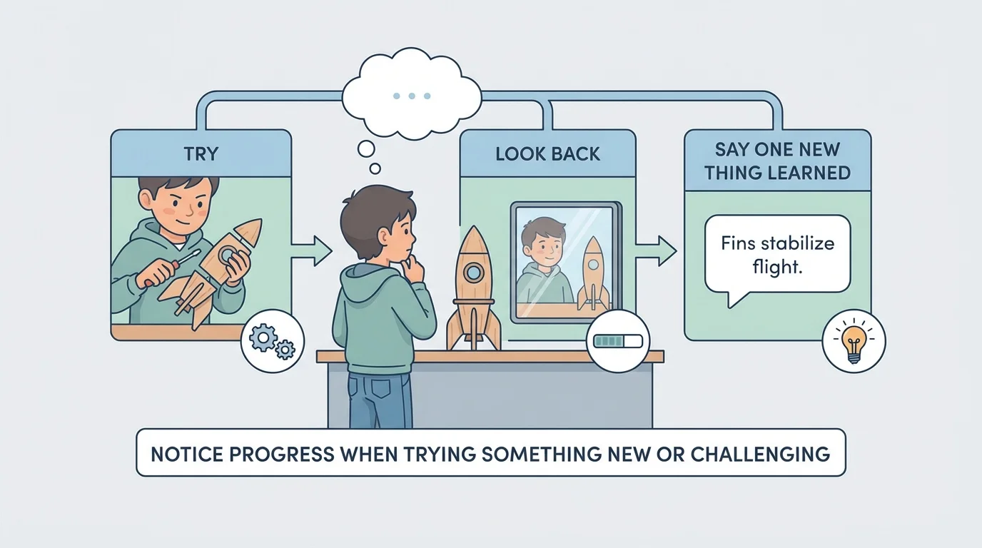 child pausing after a task with three visual steps labeled try, look back, say one new thing learned