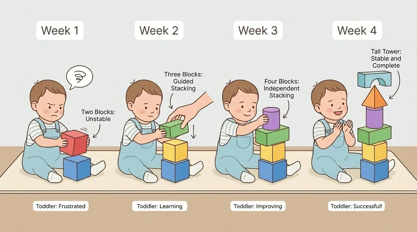 toddler first struggling to stack two blocks, then later stacking a taller block tower with a smile