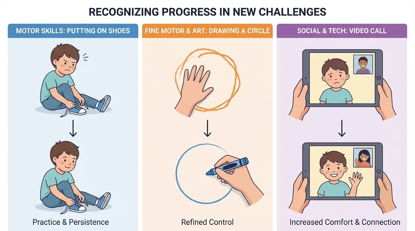 child putting on shoes, drawing a circle, and waving on a video call in separate small scenes