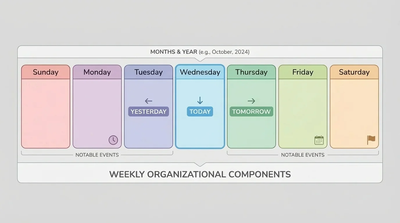 chart showing seven boxes for the days of the week in order, with a highlight on today, yesterday, and tomorrow