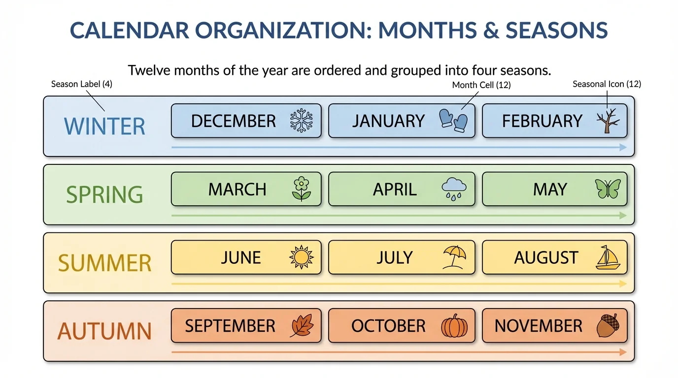 chart of the 12 months in order, grouped by seasons with simple labels