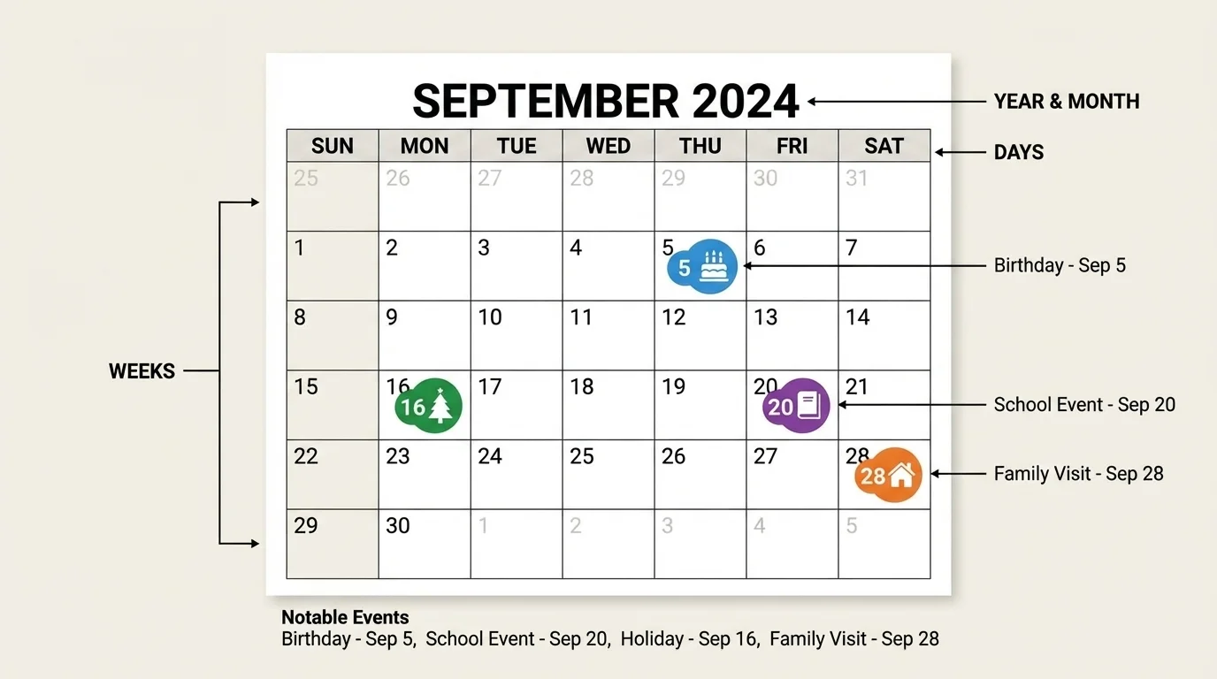 illustration of a simple month calendar page with a few dates circled and labeled birthday, holiday, school event, and family visit