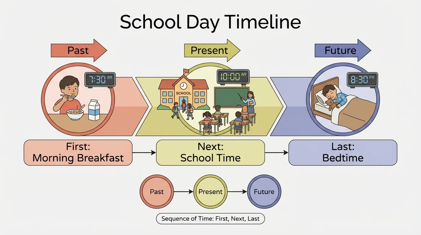 Simple child-friendly timeline of a school day with morning breakfast, school time, and bedtime labeled first, next, last