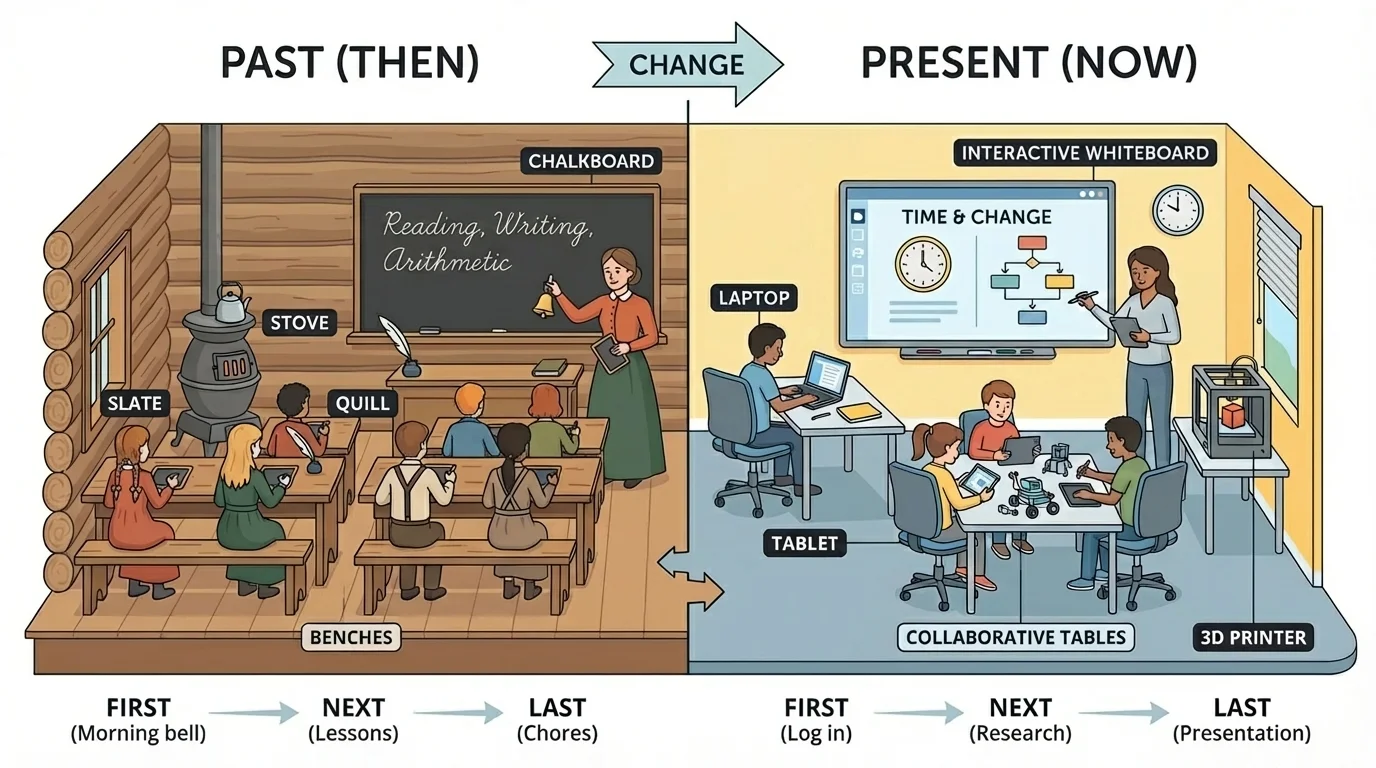 Then-and-now comparison of a one-room schoolhouse and a modern classroom with children learning