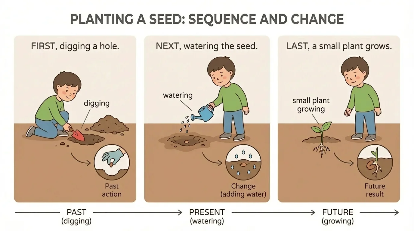 Three-panel sequence of a child planting a seed: first digging a hole, next watering the seed, last a small plant growing