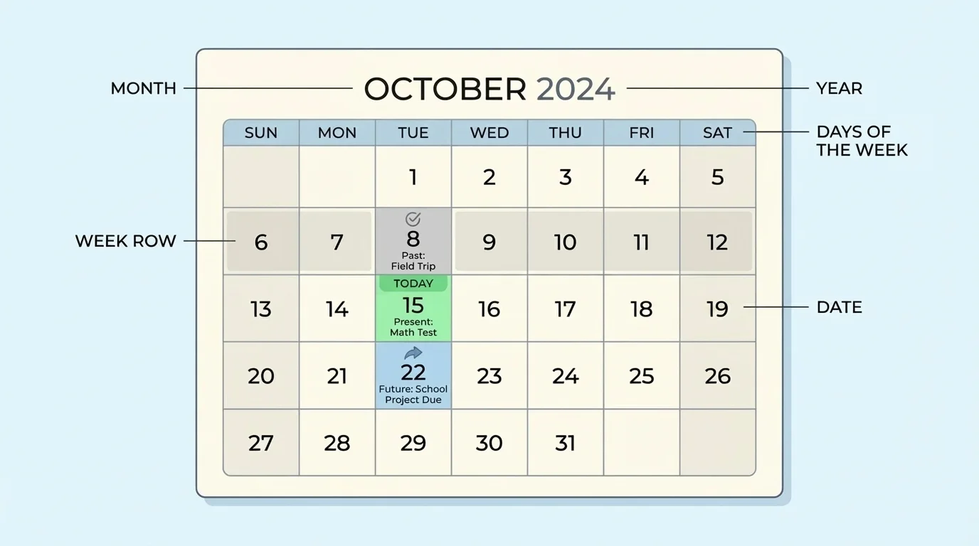 Monthly calendar page labeled with month, year, days of the week, week rows, and numbered dates