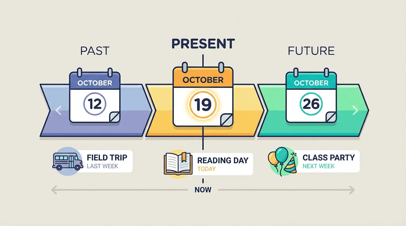 Simple timeline with events placed from earlier to later across past, present, and future such as field trip, today reading day, and class party