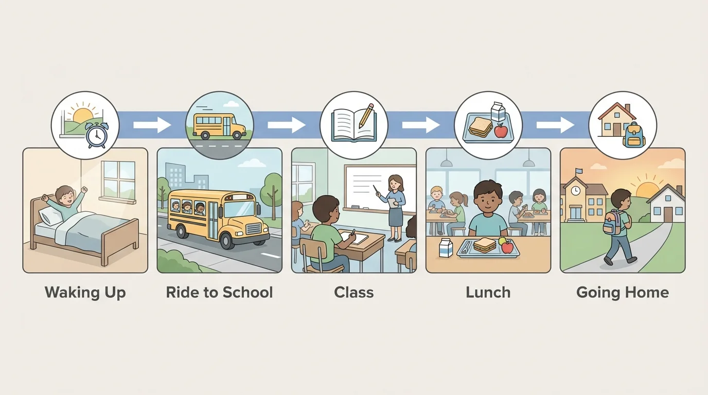 simple timeline of a child's day with waking up, ride to school, class, lunch, and going home in order