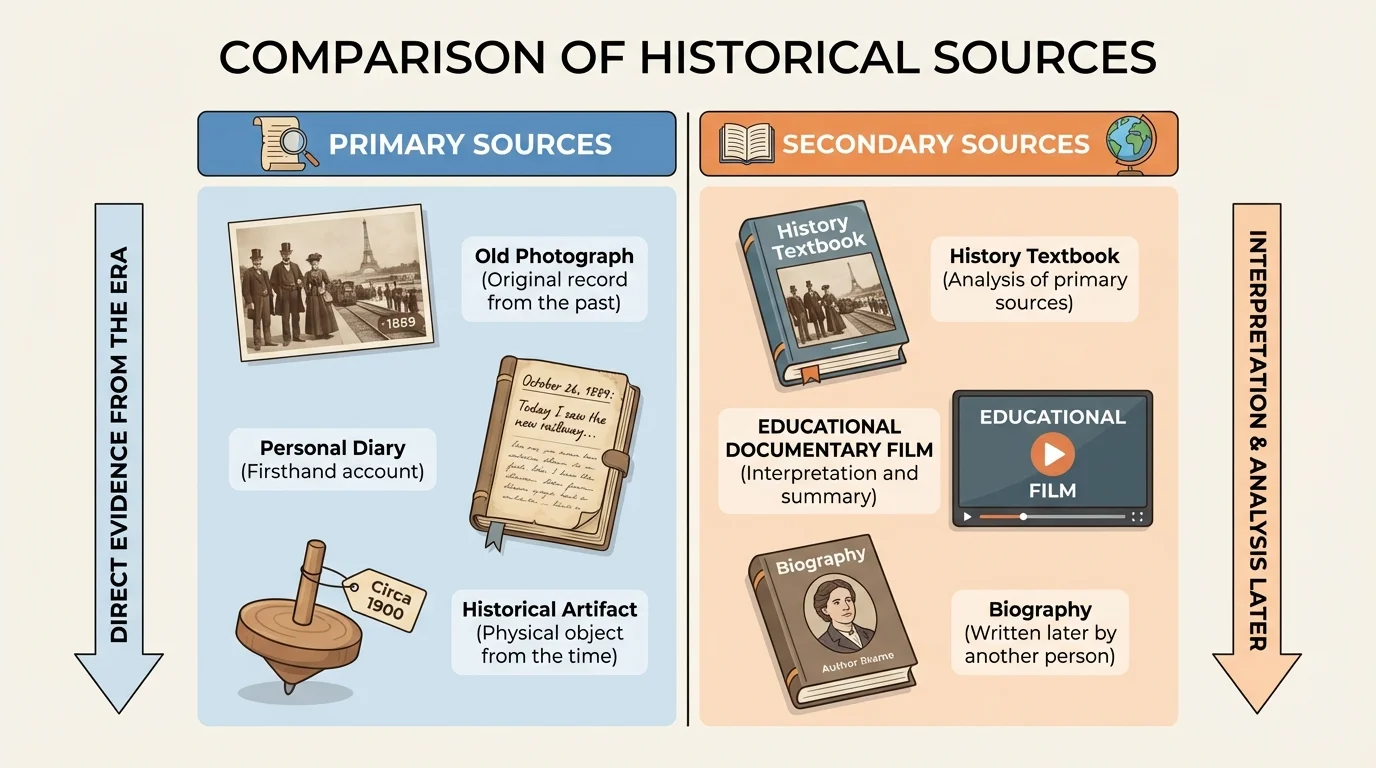 comparison chart showing primary sources and secondary sources with simple examples such as old photo, diary, toy, and history book