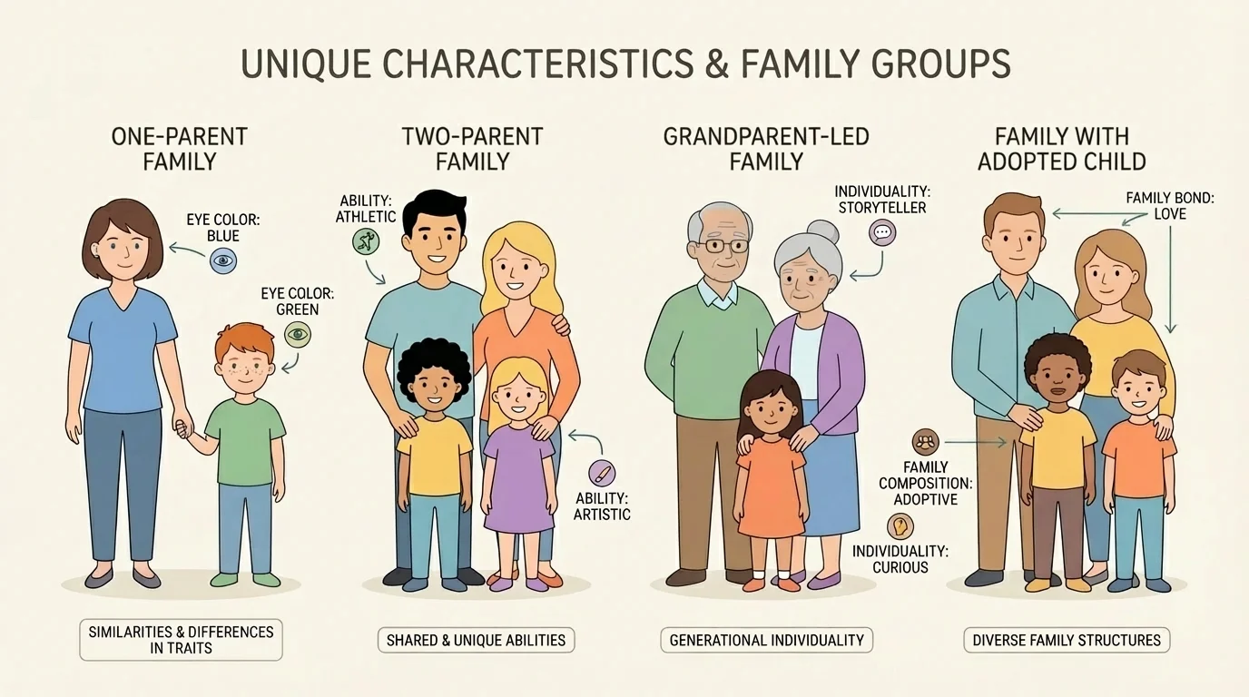 Several family groups, including one parent family, two parent family, grandparent-led family, and family with adopted child
