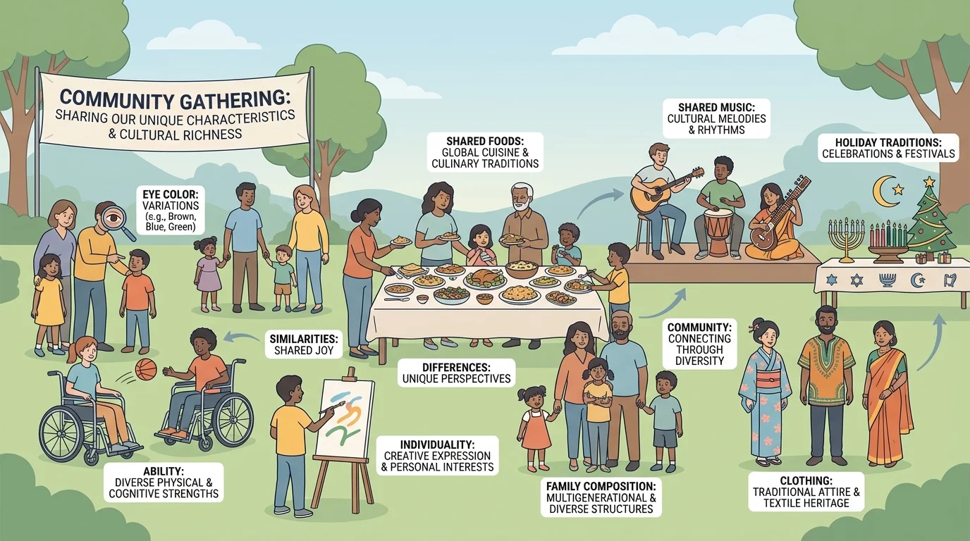 Diverse families at a community gathering sharing foods, music, clothing, and holiday traditions
