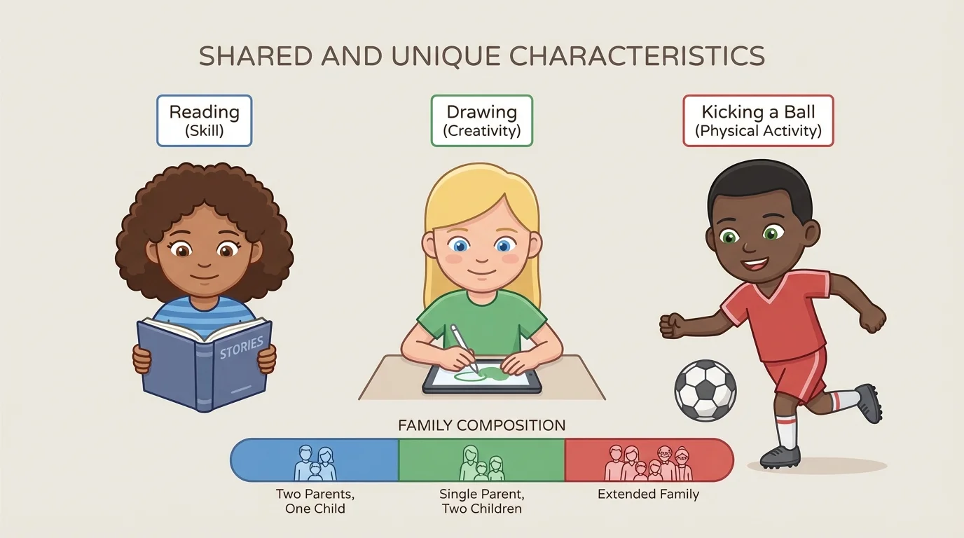 Children side by side with different eye colors, hairstyles, skin tones, and activities like reading, drawing, and kicking a ball