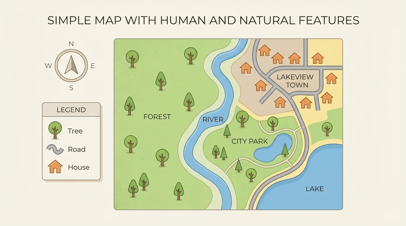 child-friendly map showing title at top, compass rose, key with symbols for tree, road, and house, and labels on places