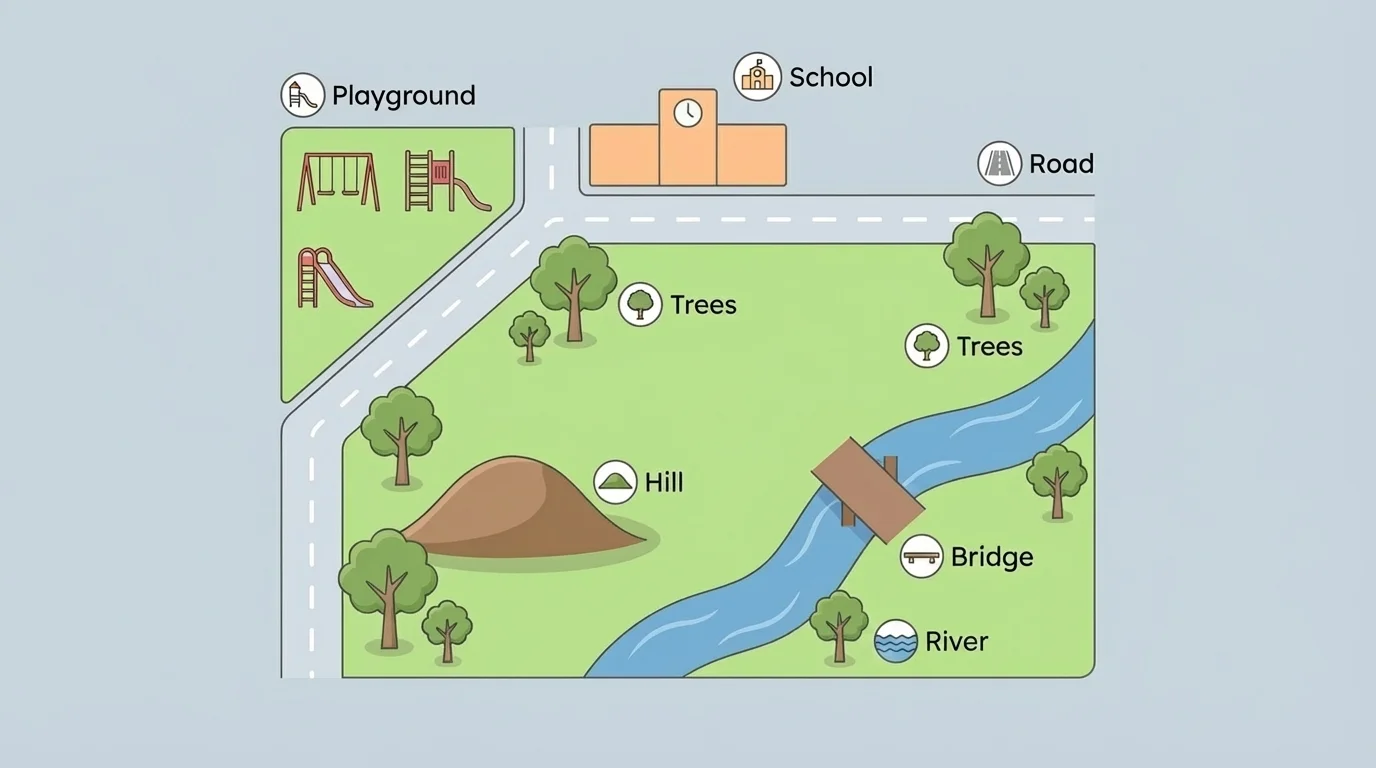 simple park map with river, trees, hill, road, bridge, playground, and school labeled by symbols