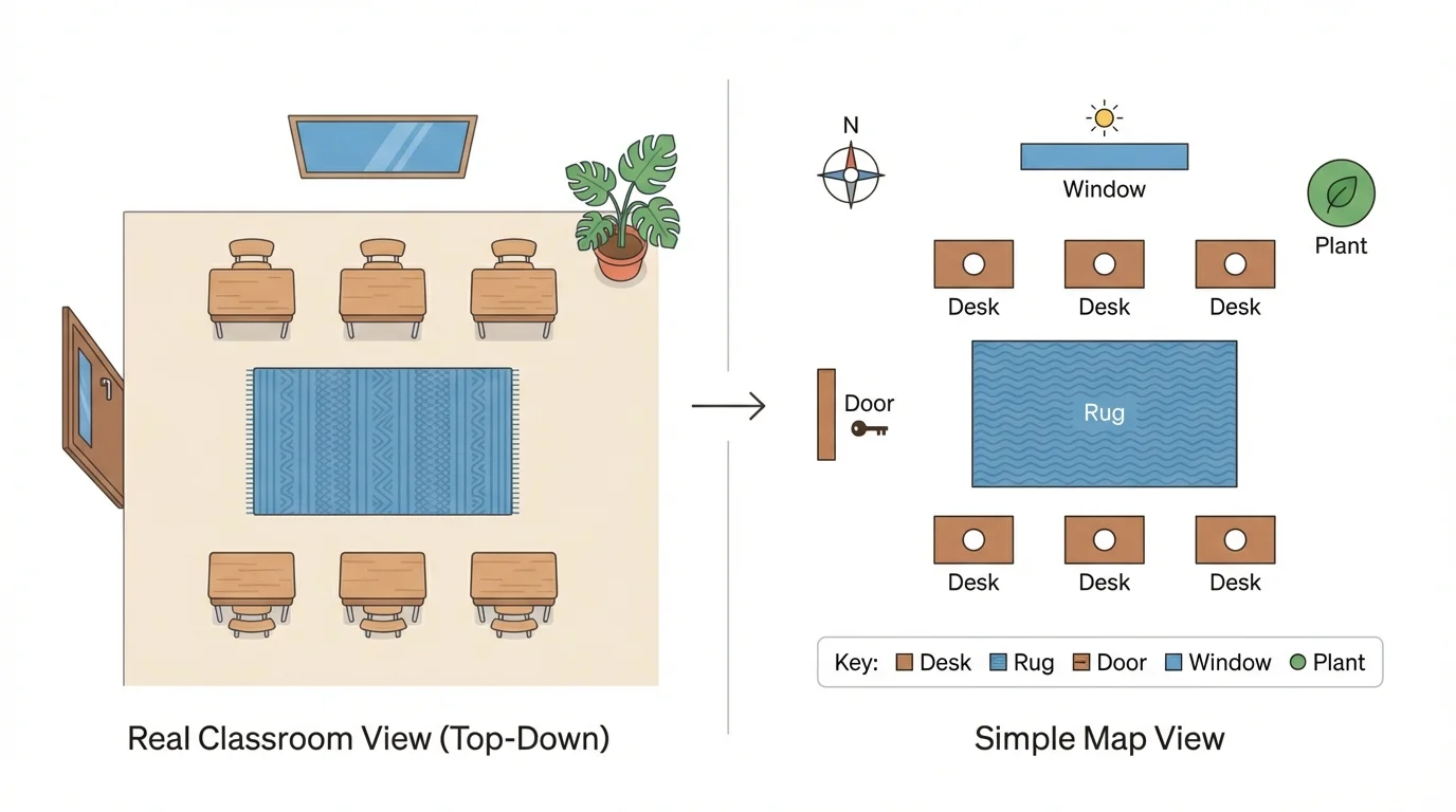 top-down classroom area changing into a simple map with door, rug, desks, window, and plant marked by symbols