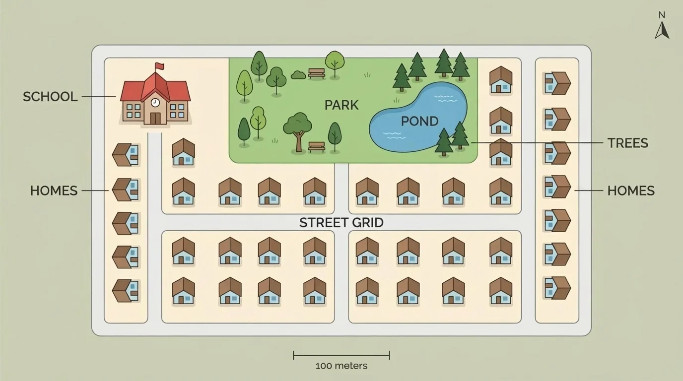 simple neighborhood map with street grid, homes, school, pond, trees, and park using clear symbols