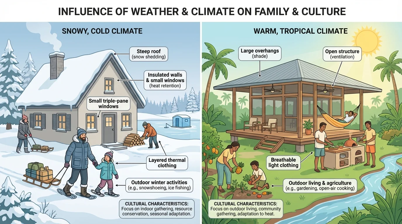 side-by-side homes and families in a snowy climate and a warm climate, showing clothing, house features, and outdoor activities