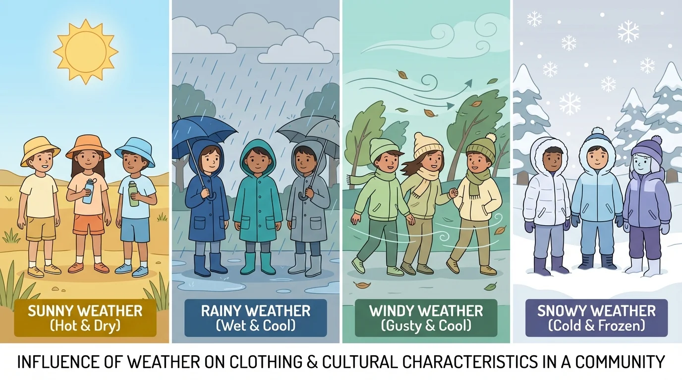 children in one community during sunny, rainy, windy, and snowy weather, wearing matching clothing for each kind of day