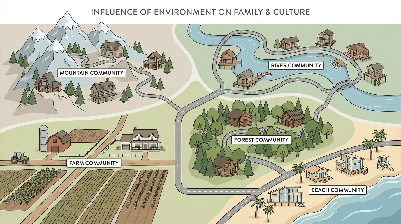 simple map of different community environments showing mountain, farm, river, forest, and beach areas with homes and roads