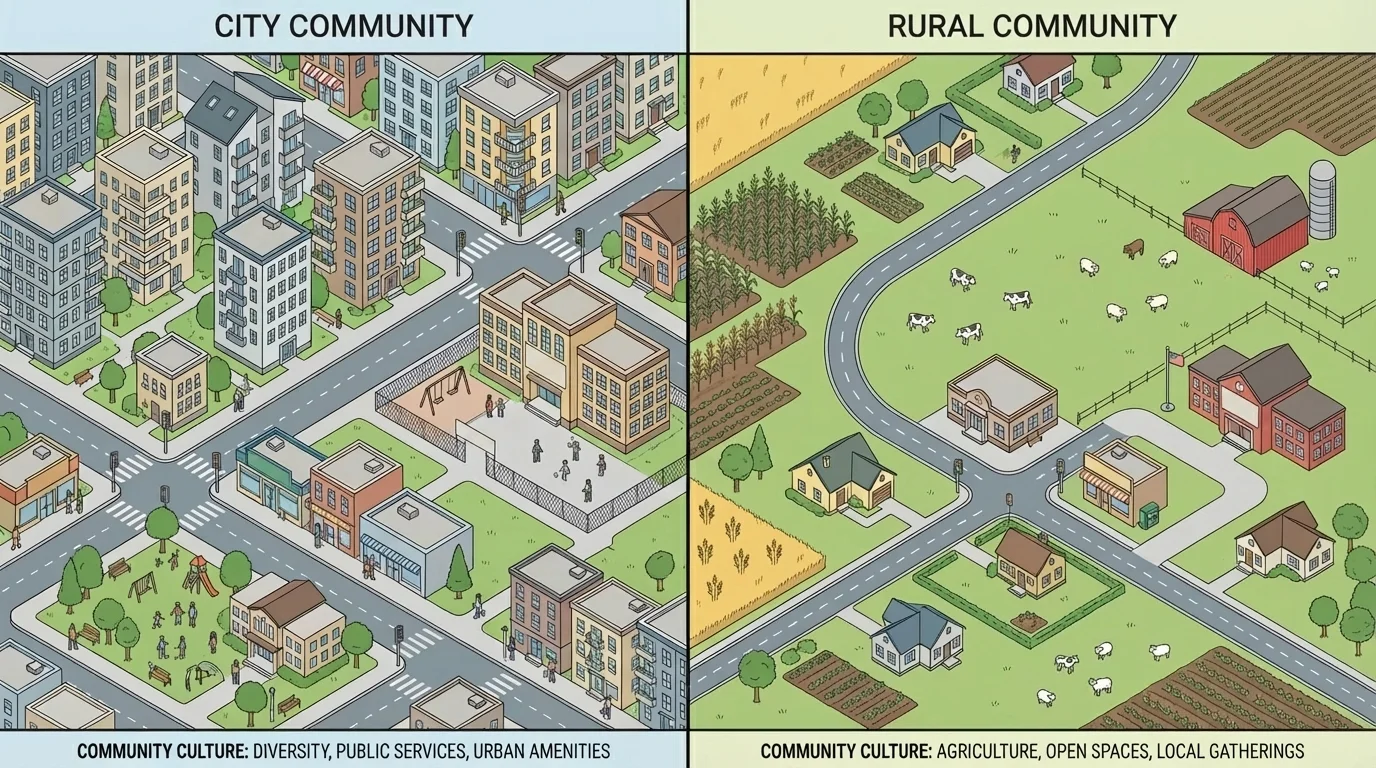 Simple side-by-side map showing a city community with apartment buildings, streets, school, park, and stores on one side, and a rural farm community with fields, houses, barn, school, and country road on the other