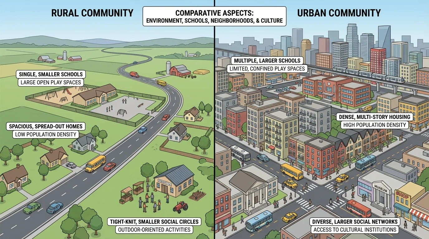 Educational scene showing environment shaping communities, with open flat fields, farm buildings, and long roads in one area and crowded streets, tall buildings, and small play spaces in another area