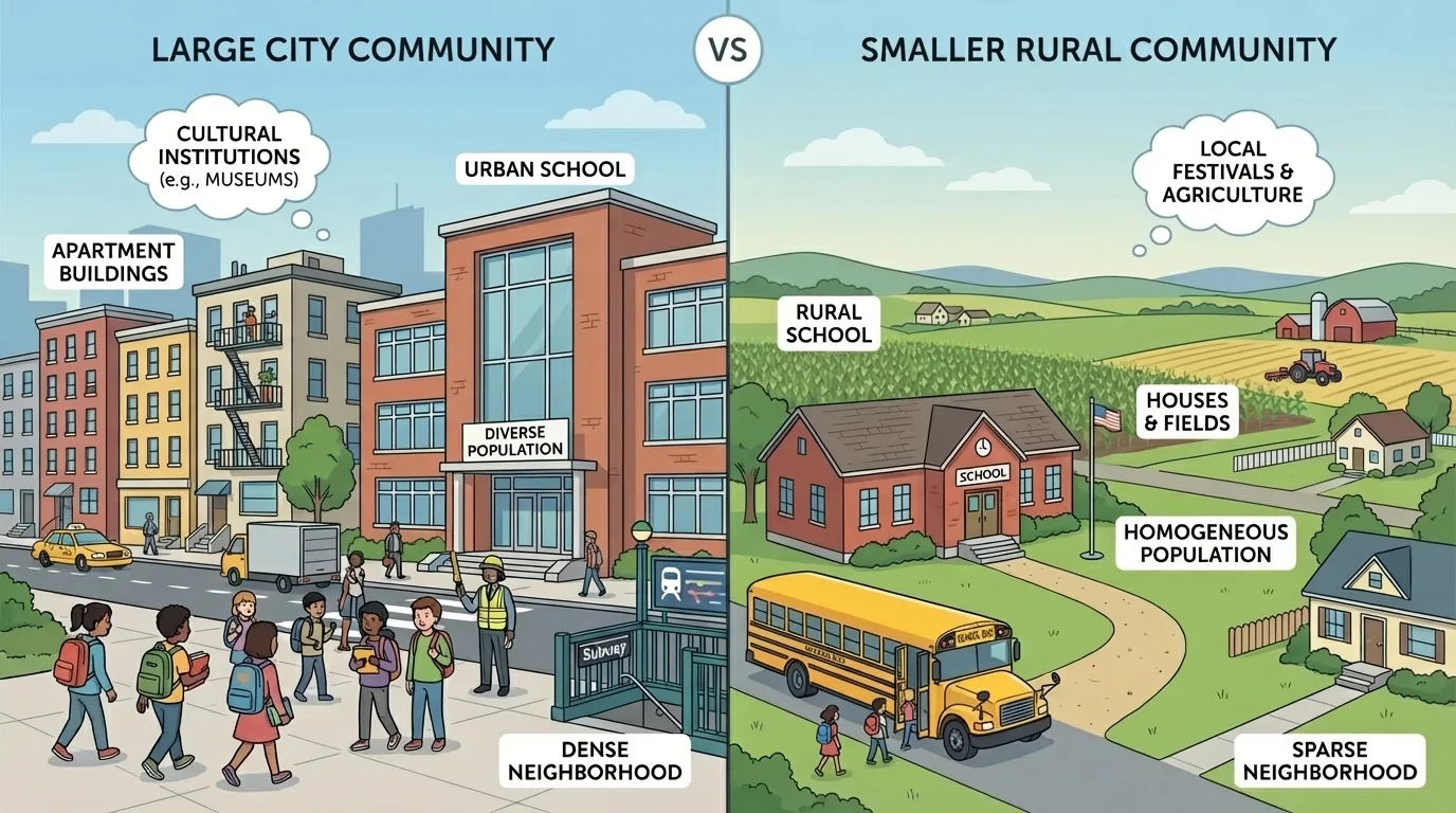 Split scene showing a large city school beside apartment buildings with children walking on sidewalks, and a smaller rural school near fields with a yellow school bus arriving