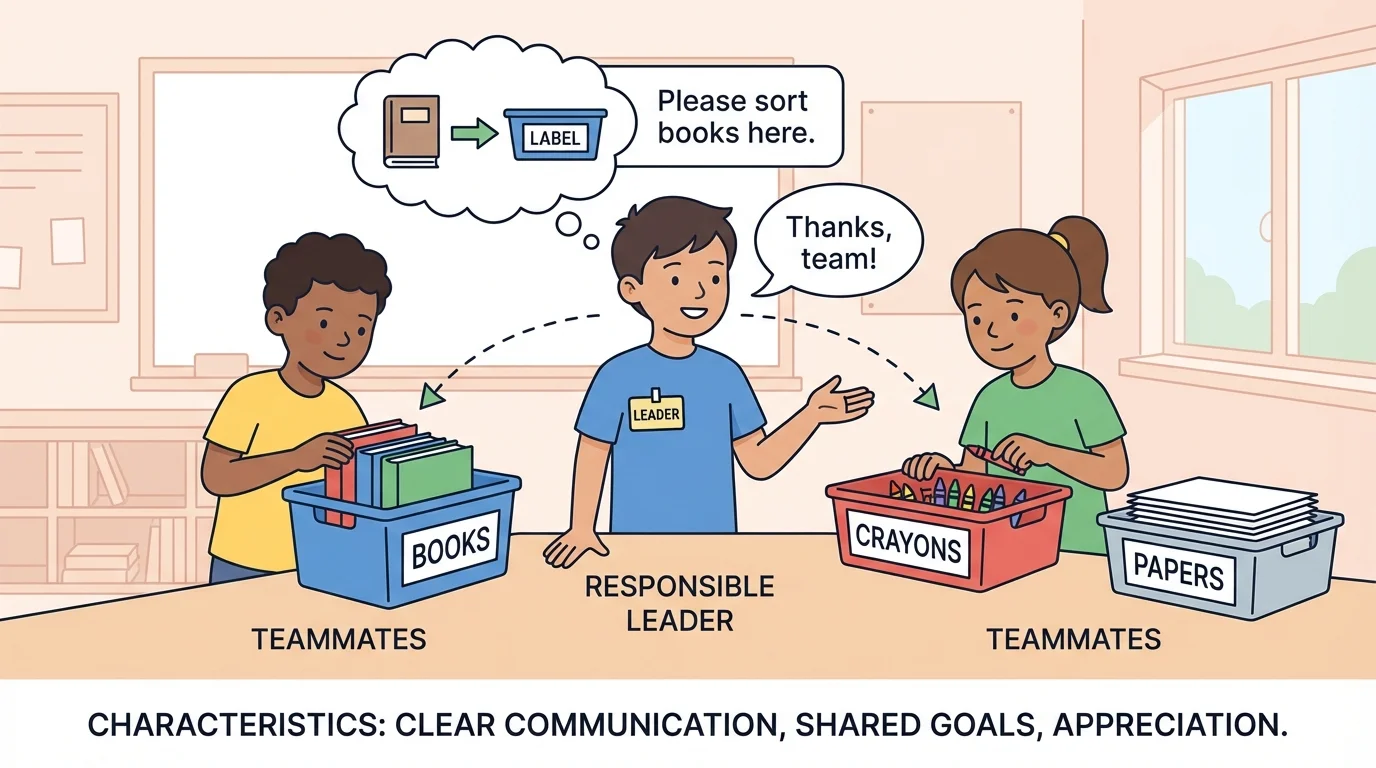 small classroom cleanup team sorting books, crayons, and papers while a leader gives simple directions and thanks teammates