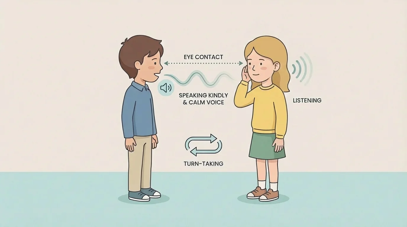 two children facing each other, one speaking kindly and the other listening, with simple visual cues for eye contact, calm voice, and turn-taking